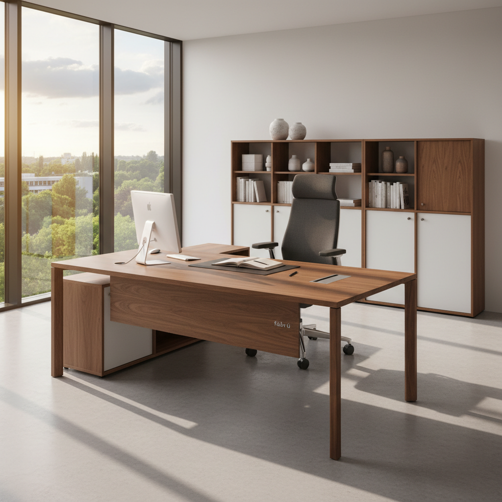 A premium executive office setup highlighting high-quality German office furniture reminiscent of febrü designs. A large, dark oak desk with beveled edges and integrated cable management dominates the center, paired with a sophisticated high-back ergonomic chair in anthracite fabric. Behind the desk, modular storage units with a mix of open shelves and closed cabinets in white and wood tones line the wall. A wide window hints at a green, tree-lined business district typical of Celle. Warm late-afternoon light streams in, creating soft, elongated shadows and a welcoming yet authoritative mood. Captured at eye level with a balanced, wide-angle composition and photographic realism, the image communicates long-lasting quality and professional office planning expertise.