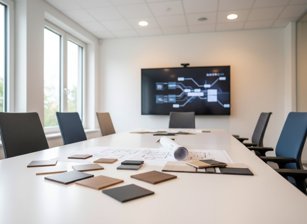 A modern, light-filled consulting space for office planning, featuring a large, pristine white meeting table surrounded by different styles of ergonomic office chairs in muted greys and blues. On the table lie open material samples of desktop laminates, fabric swatches, and printed floor plans, while in the background a wall-mounted large display shows an abstract interface suggesting digital document management. Soft, even daylight from tall windows combines with subtle recessed ceiling lights, creating a calm, trustworthy atmosphere. The composition is captured from a slightly elevated angle, with a clear, photographic look and subtle depth of field, ideal for visualizing professional B2B office consulting services in Celle without including any human figures or legible brand names.