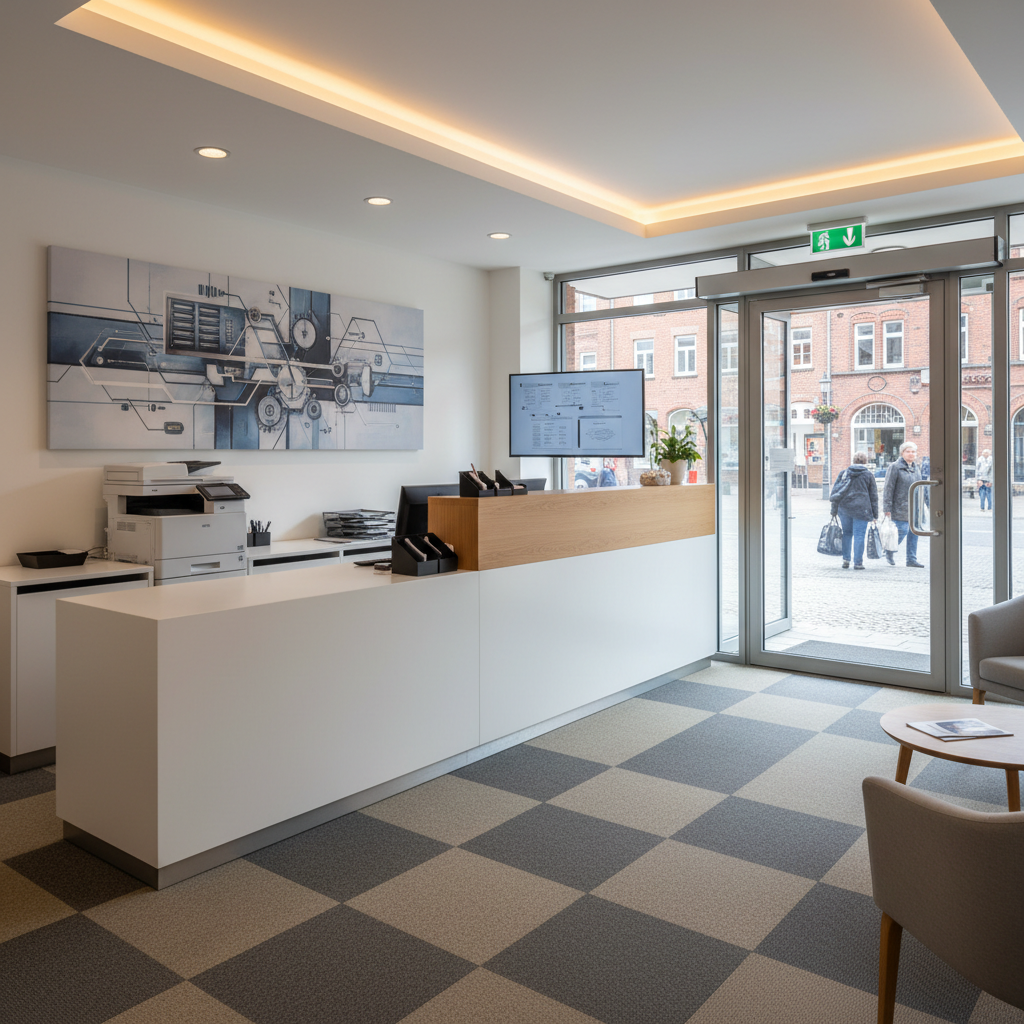 A detailed reception area for a professional office equipment provider in Celle, designed to look inviting yet highly functional. A long, matte white reception counter with a light wood accent panel anchors the scene, with a neatly arranged multifunction printer and small office accessories discreetly placed behind it. A wall-mounted abstract graphic resembling interconnected office devices subtly references partner technologies, without logos or text. The floor is covered in high-quality, neutral-toned carpet tiles, and a glass door offers a glimpse of a modern street scene typical of a northern German city. Soft, natural daylight combines with warm, indirect ceiling lighting, creating a friendly, trustworthy mood. The photographic image is shot from the entrance viewpoint, providing a clear, welcoming overview.